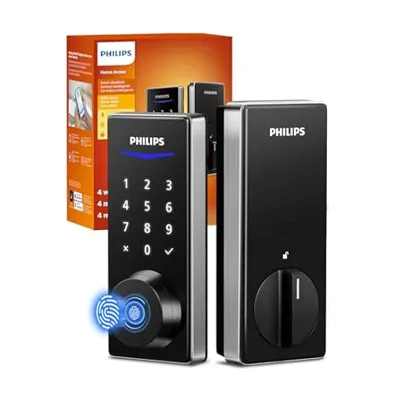 Philips smart lock with keypad and fingerprint recognition, featuring a black finish and touch interface. Packaging is visible in the background.