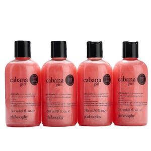 Four bottles labeled \“cabana girl\“ by Philosophy, each containing 240 ml/8 fl. oz. of a pink body product.