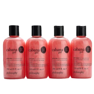 Four bottles labeled \“cabana girl\“ by Philosophy, each containing 240 ml/8 fl. oz. of a pink body product.