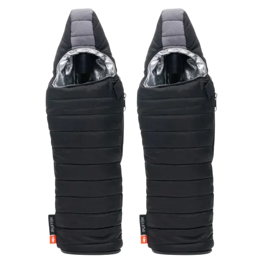 Two insulated bottle carriers with a quilted black exterior and a silver inner lining, designed to keep beverages hot or cold.