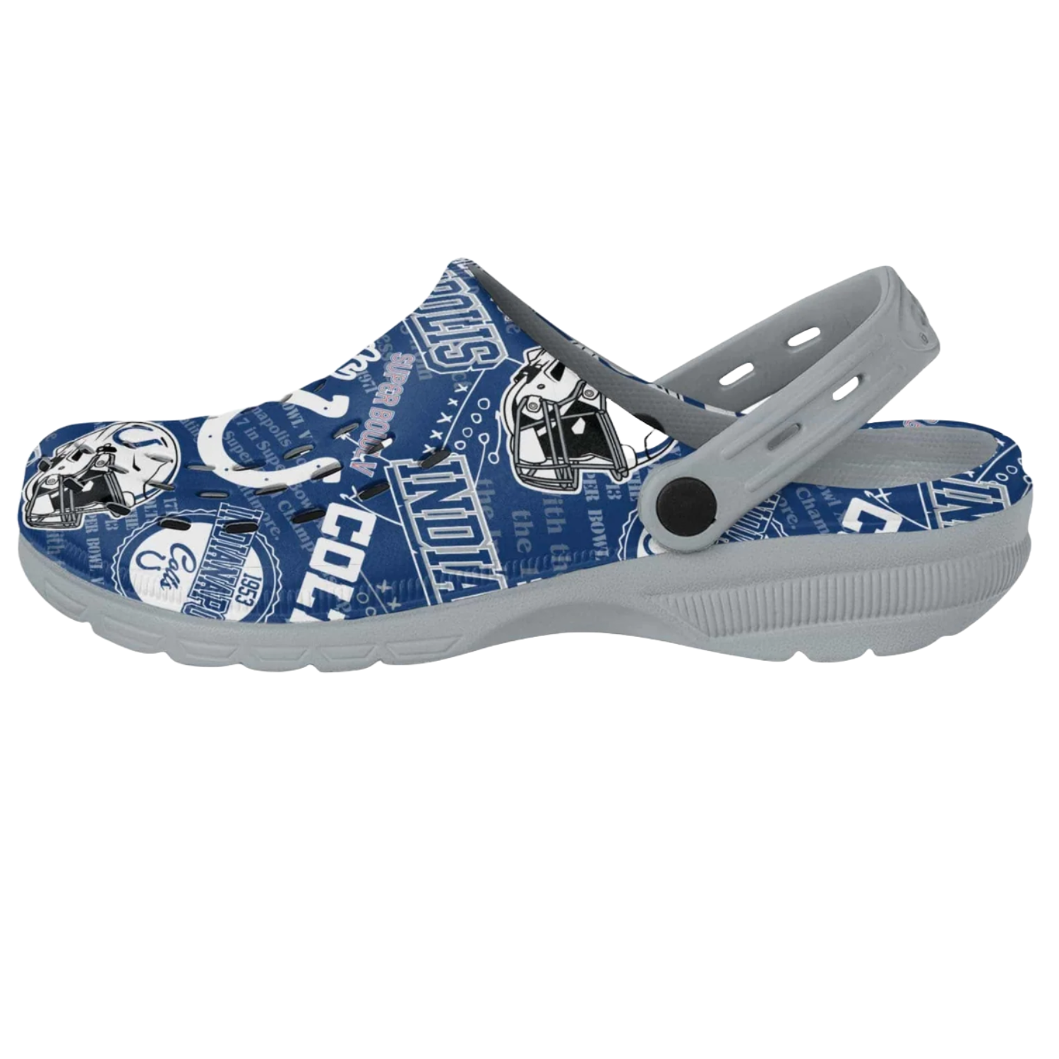 Blue clogs with a sports-themed design, featuring Indianapolis Colts logos and football helmets.
