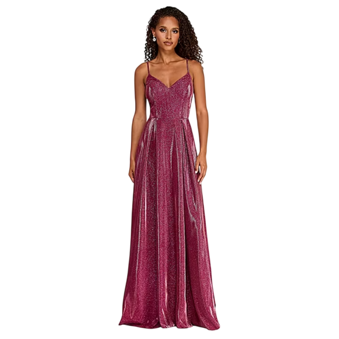 A woman wears a shimmering pink gown with thin straps and a fitted bodice that flows into a long, pleated skirt.