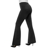 Black high-waisted, flared pants paired with black stiletto heels, viewed from the back left side showing a pocket detail.