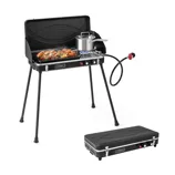 Outdoor gas grill with three burners and detachable legs, featuring a hinged lid, side burner, and a propane hose connector.