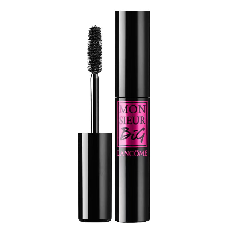 Lancôme Monsieur Big mascara in a black tube and pink label, featuring a thick bristle brush for lash application.