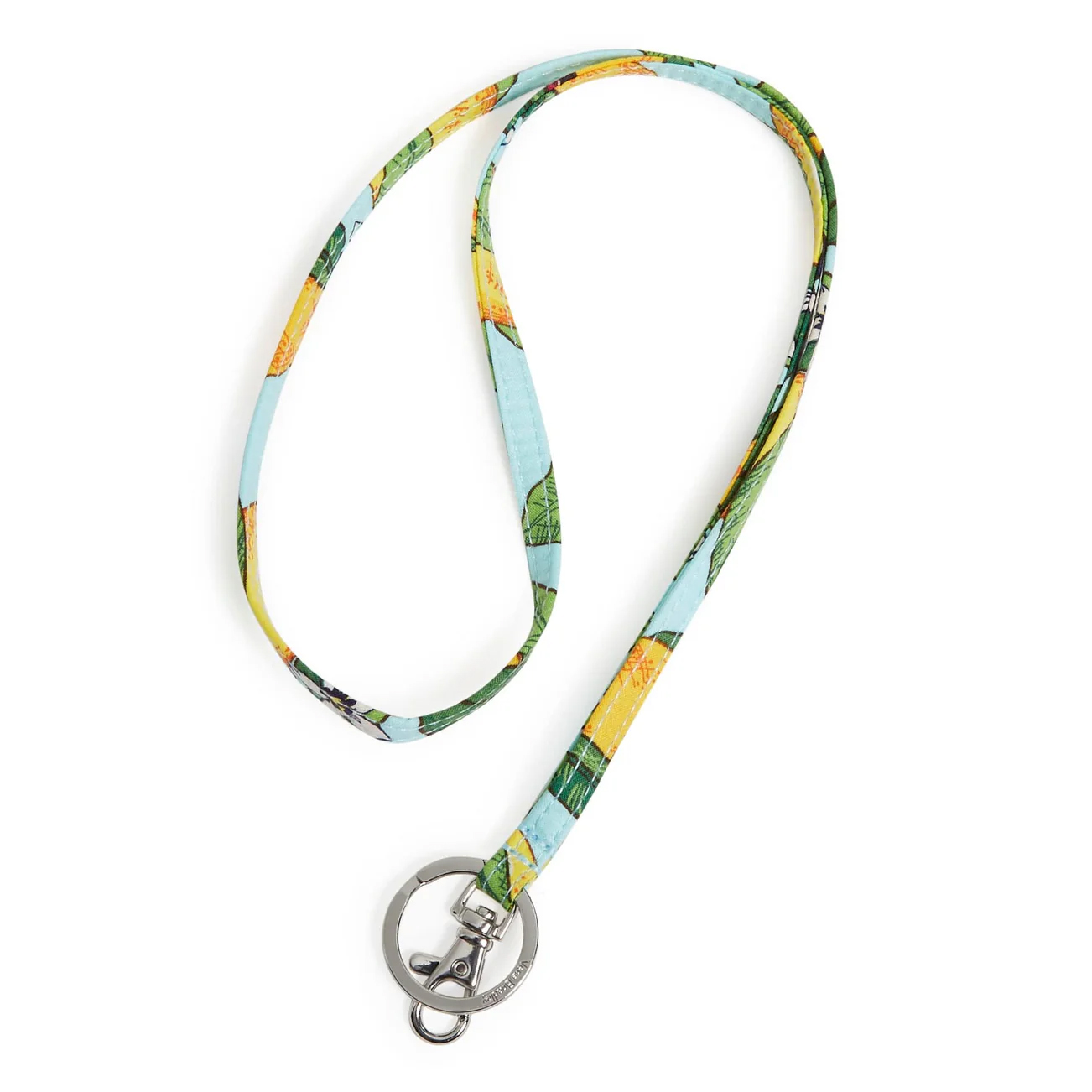 A colorful fabric lanyard with a tropical fruit design on a light blue background, featuring a silver-tone key ring and lobster clasp for holding keys or ID badges.