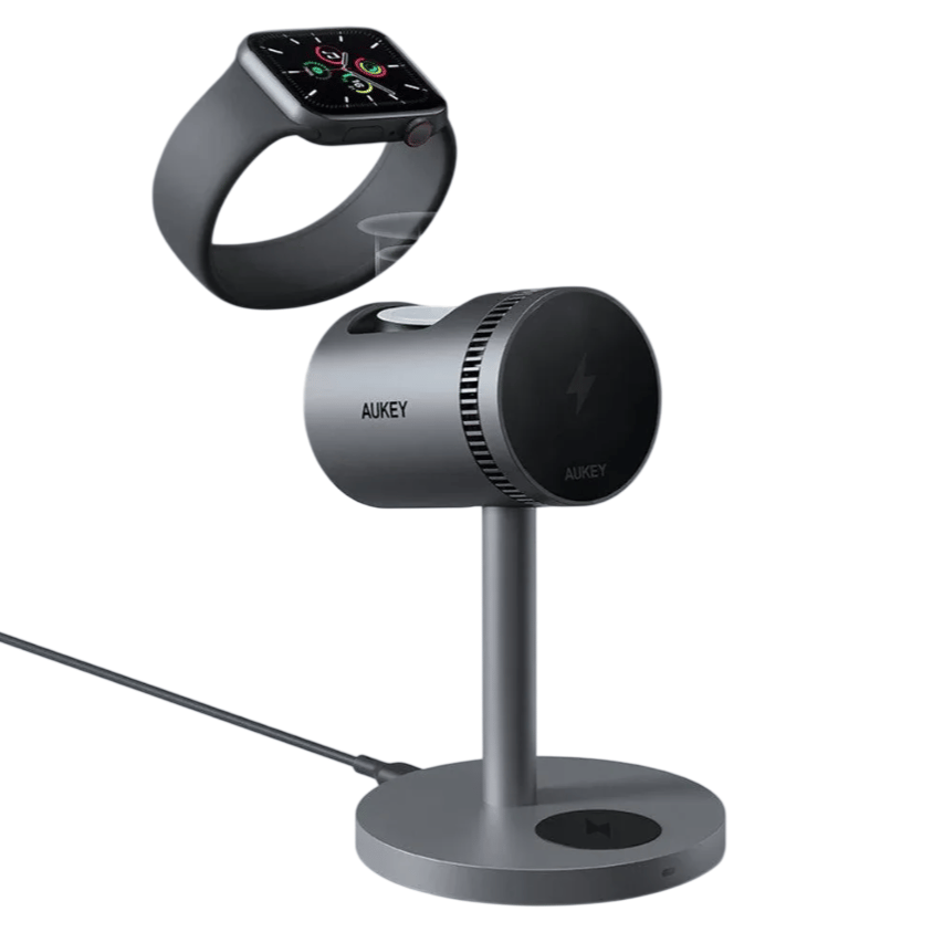 AUKEY wireless charging stand designed for Apple Watch, featuring a sleek metallic design with a magnetic charging area, connected by a USB cable.