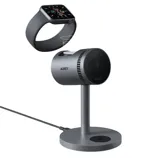 AUKEY wireless charging stand designed for Apple Watch, featuring a sleek metallic design with a magnetic charging area, connected by a USB cable.