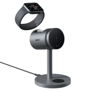 AUKEY wireless charging stand designed for Apple Watch, featuring a sleek metallic design with a magnetic charging area, connected by a USB cable.