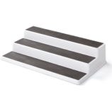 Three-tier, step-style organizer with non-slip surfaces for storing and displaying items, such as spices or small household goods, on shelves or counters.