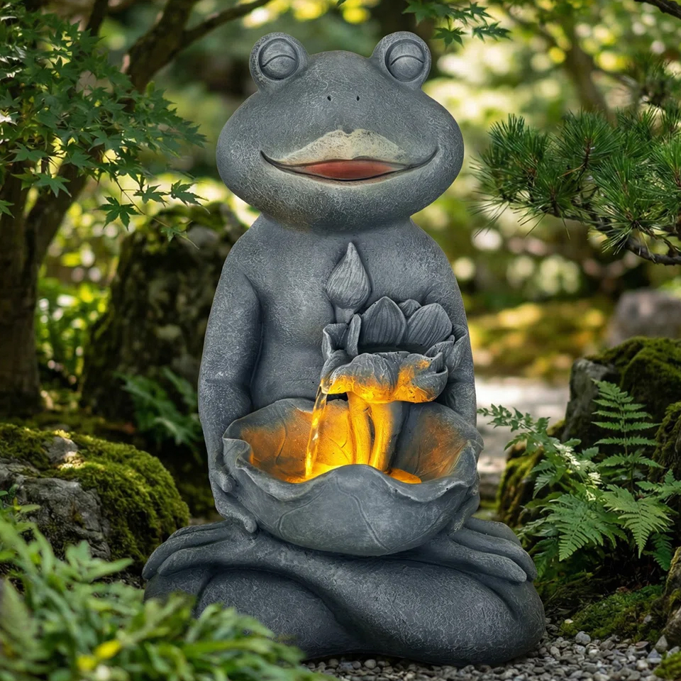A frog statue with a joyful expression is holding a lotus flower fountain with warm LED lighting, set in a garden surrounded by greenery and rocks.