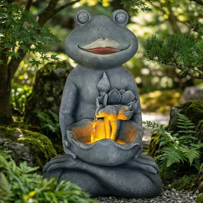 A frog statue with a joyful expression is holding a lotus flower fountain with warm LED lighting, set in a garden surrounded by greenery and rocks.