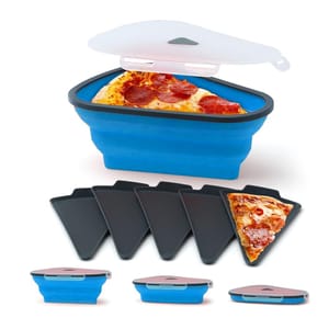 Collapsible silicone container designed for storing pizza slices, featuring a blue body with a clear lid and several black triangular dividers for stacking multiple slices.