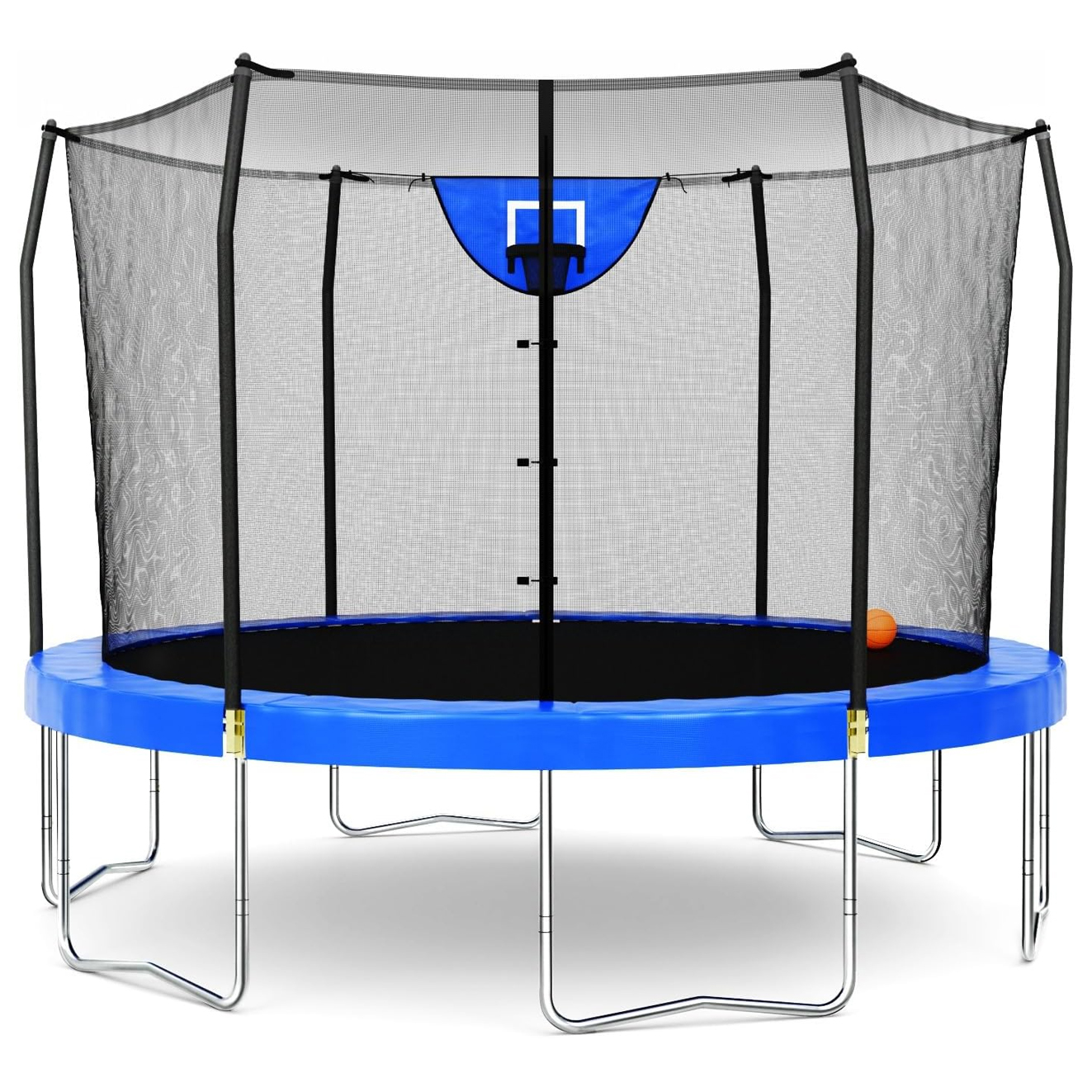 12' trampoline features a safety net enclosure and a built-in basketball hoop, with a sturdy metal frame and a blue protective padding around the edge for added safety.