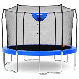 12' trampoline features a safety net enclosure and a built-in basketball hoop, with a sturdy metal frame and a blue protective padding around the edge for added safety.