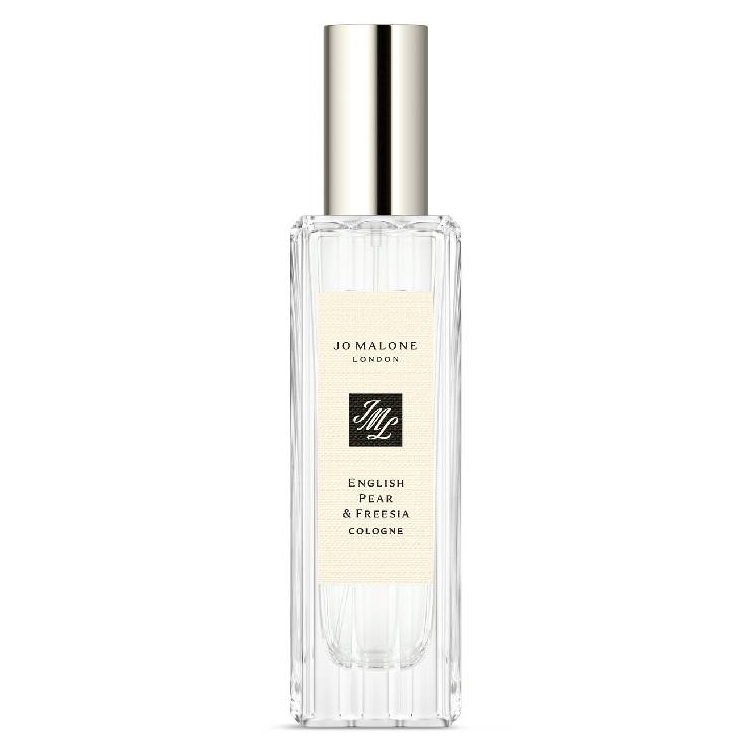Jo Malone London English Pear & Freesia Cologne in a clear, cylindrical bottle with a silver cap and cream label.