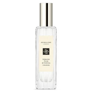 Jo Malone London English Pear & Freesia Cologne in a clear, cylindrical bottle with a silver cap and cream label.