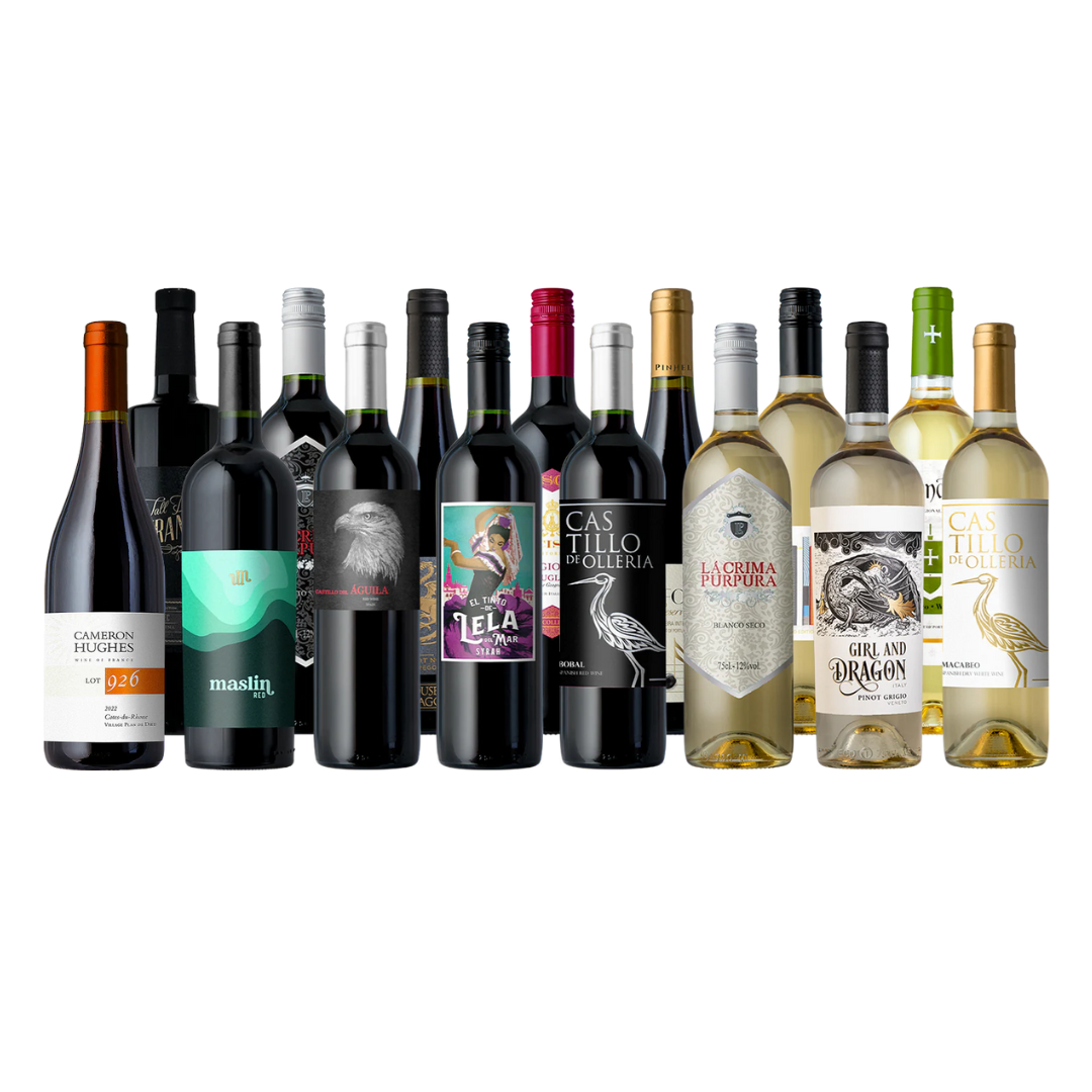 A selection of various wine bottles, including reds and whites, with distinct labels and designs.