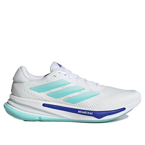 Adidas Supernova Running Shoes in white feature light blue three stripes and accents with a blue and cyan sole. Designed for performance, they combine breathable mesh uppers with a cushioned midsole for comfort.