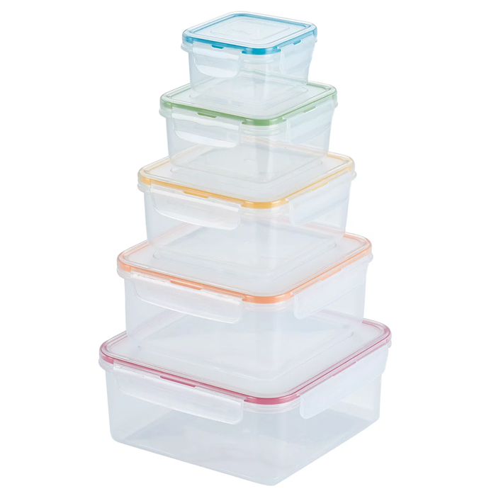 A set of five stackable, transparent Lock n Lock food storage containers, each with a different colored lid, designed for airtight sealing. Suitable for organizing and preserving food.