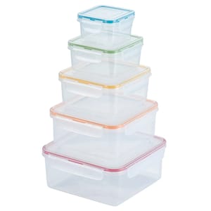A set of five stackable, transparent Lock n Lock food storage containers, each with a different colored lid, designed for airtight sealing. Suitable for organizing and preserving food.