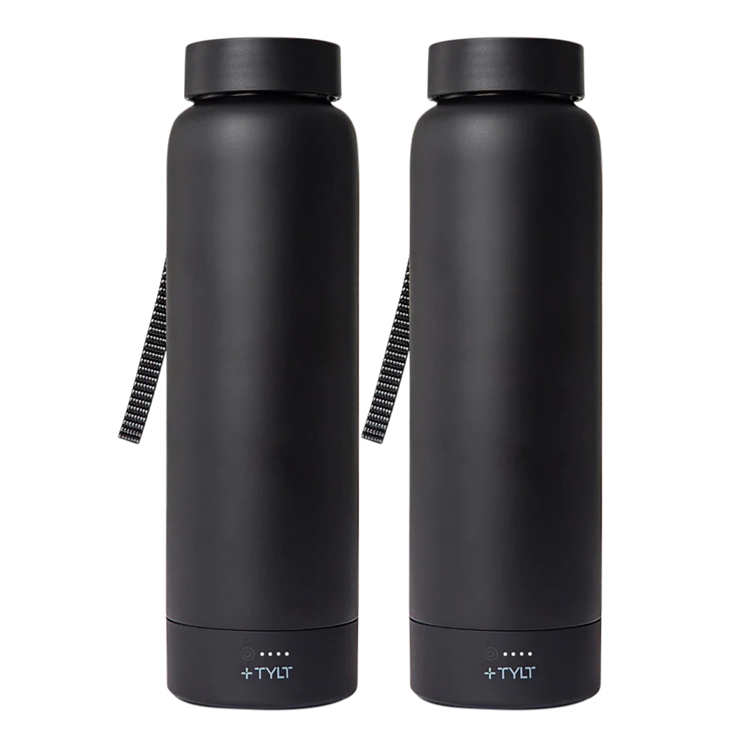 Two black 24oz water bottles, each equipped with an integrated power bank at the base and a strap for easy carrying. They feature indicator lights and a modern, minimalist design.