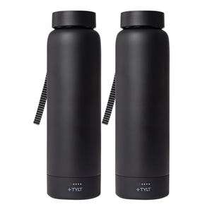 Two black 24oz water bottles, each equipped with an integrated power bank at the base and a strap for easy carrying. They feature indicator lights and a modern, minimalist design.