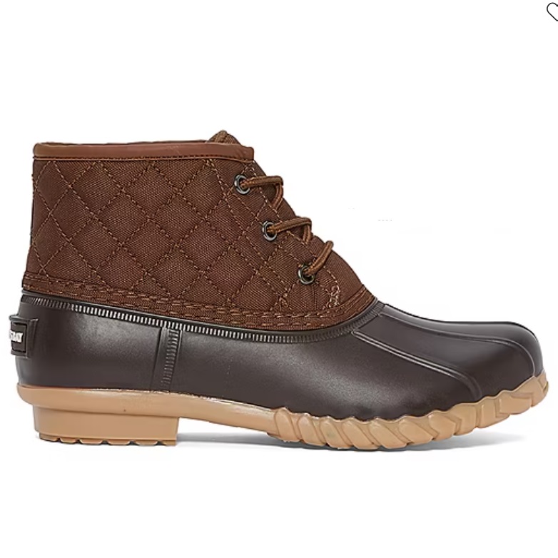 Brown duck boots with quilted upper and rubber toe cap, featuring lace-up design and a contrasting light brown sole.