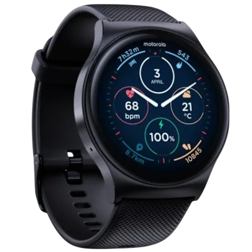 A black Motorola smartwatch with a round face displaying time, heart rate, temperature, steps, battery life, and distance.