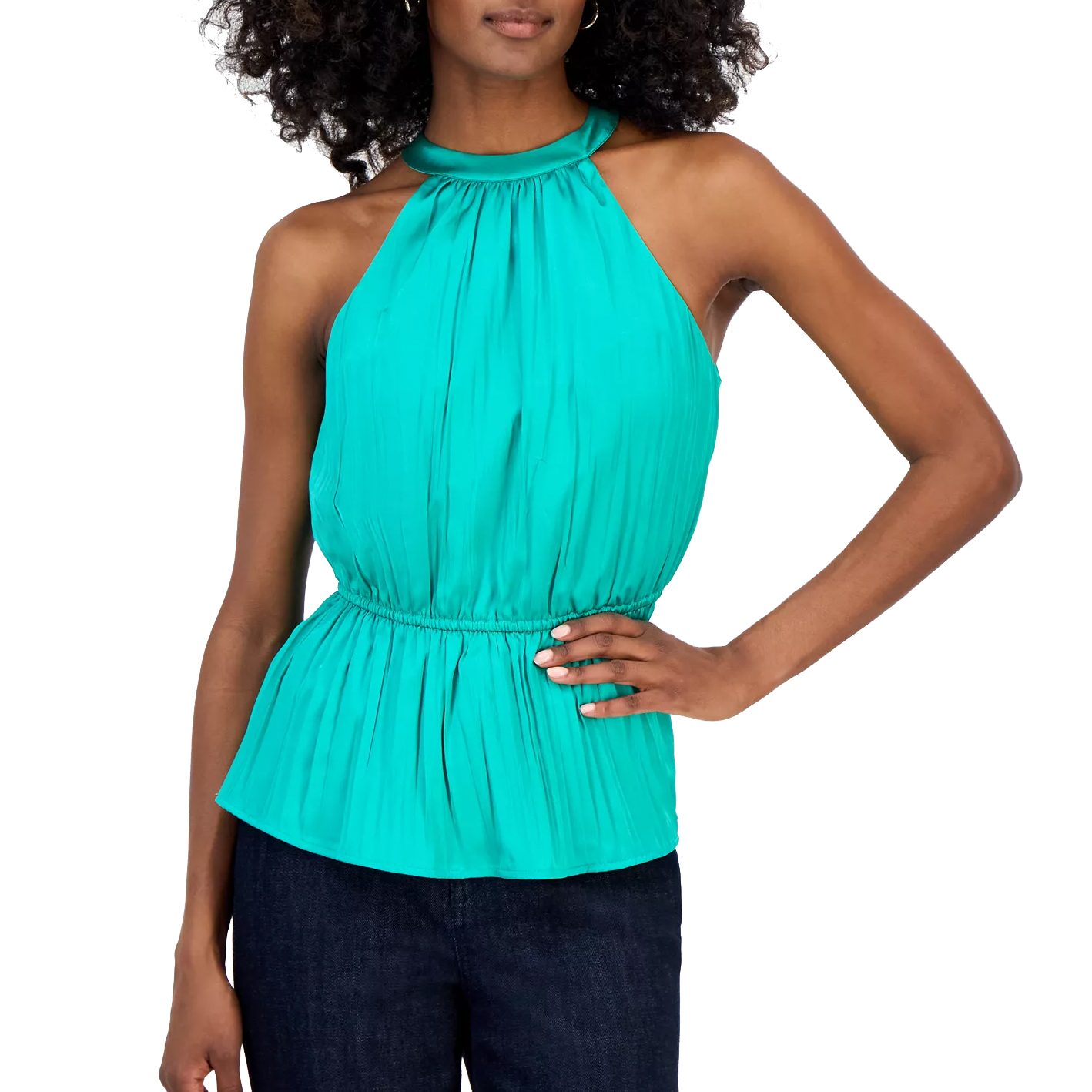 Sleeveless teal halter top with a gathered neckline and elastic waist, paired with dark jeans.