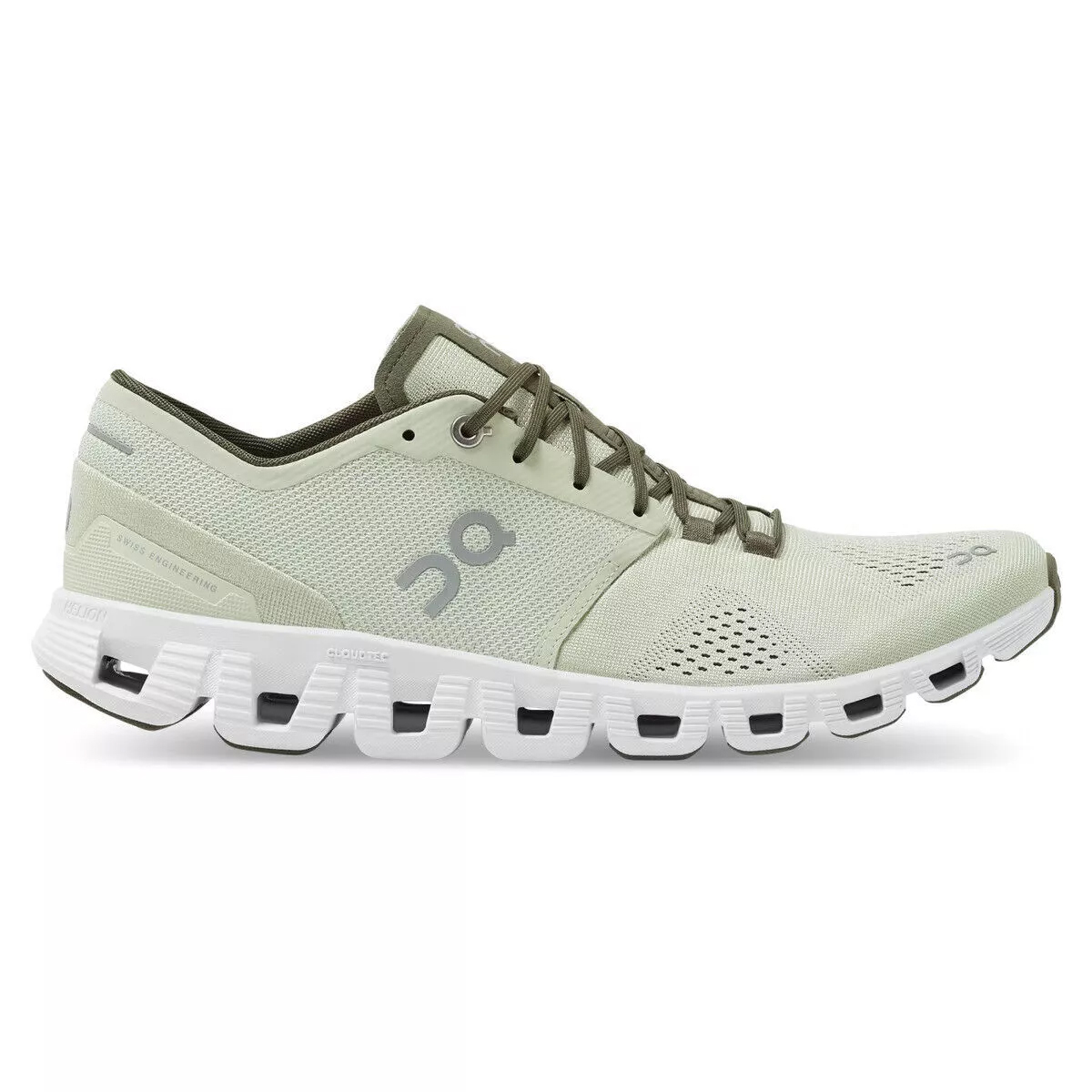 Light green running shoe with distinctive cloud-like cushion soles.