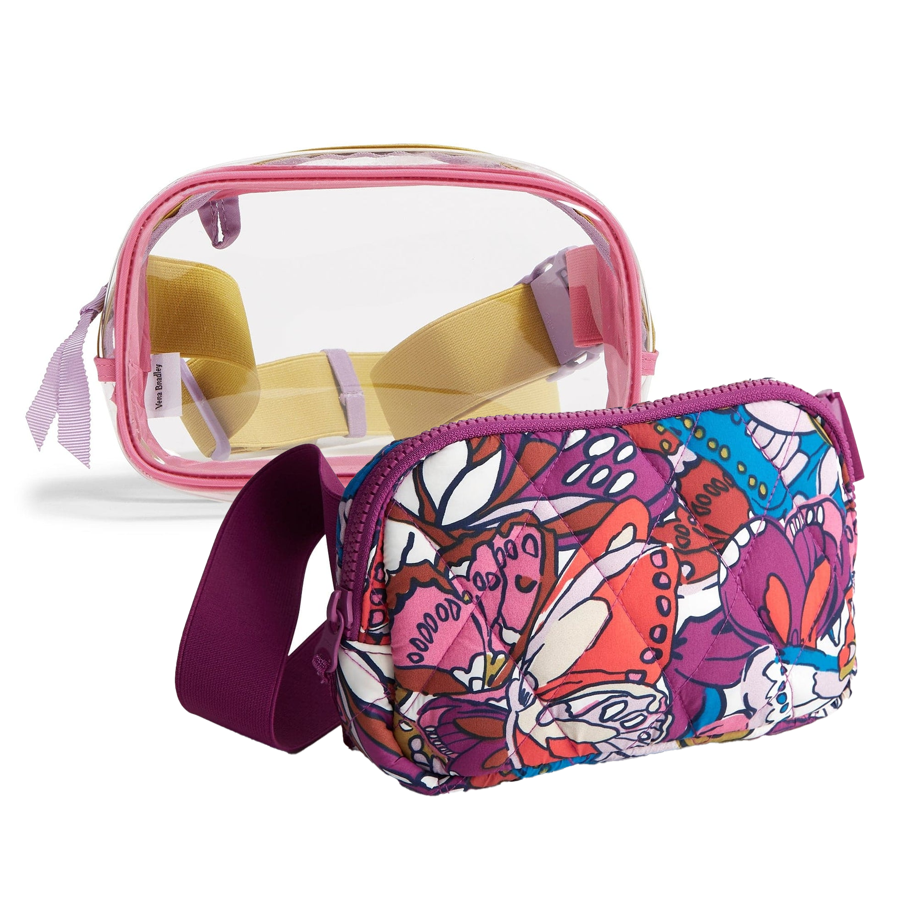 Vibrantly patterned cosmetic bag with a transparent pink pouch attached, featuring multiple compartments and a purple strap.