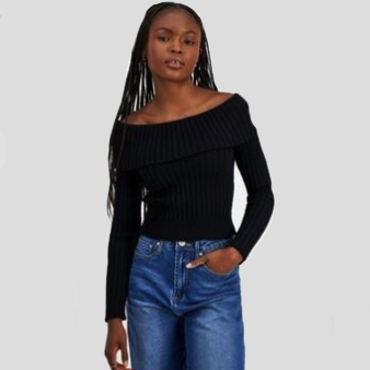 A black ribbed sweater with long sleeves and an off-the-shoulder neckline.
