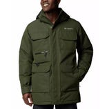 A green Columbia parka with multiple pockets, a zipper and snap button closure, and an attached hood.