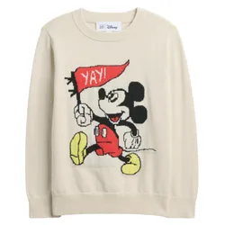 A cream-colored sweater featuring a classic cartoon mouse design holding a red flag with \“YAY!\“ written on it. The sweater includes red shorts and yellow shoes as part of the character's design.