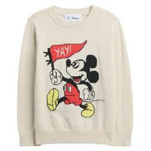 A cream-colored sweater featuring a classic cartoon mouse design holding a red flag with \“YAY!\“ written on it. The sweater includes red shorts and yellow shoes as part of the character's design.