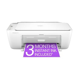 HP DeskJet 2727e printer with 3 months of Instant Ink included, shown printing a paper with promotional text.