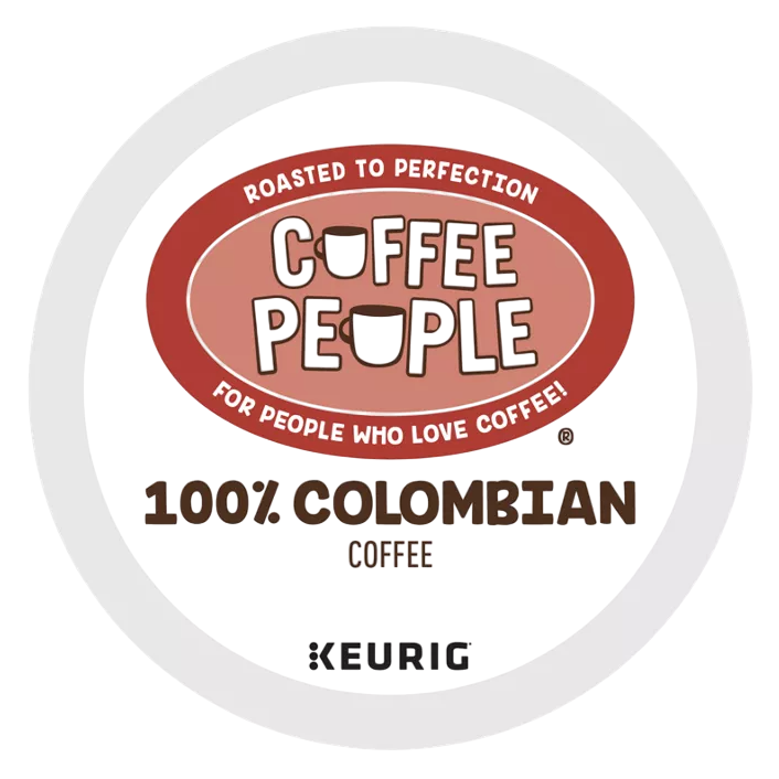 Coffee People 100% Colombian Coffee for Keurig, labeled \“Roasted to Perfection\“ and \“For People Who Love Coffee.\“