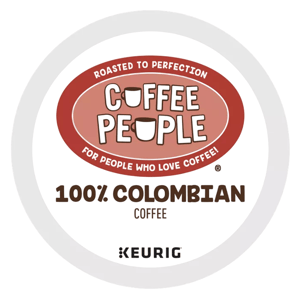 Coffee People 100% Colombian Coffee for Keurig, labeled \“Roasted to Perfection\“ and \“For People Who Love Coffee.\“