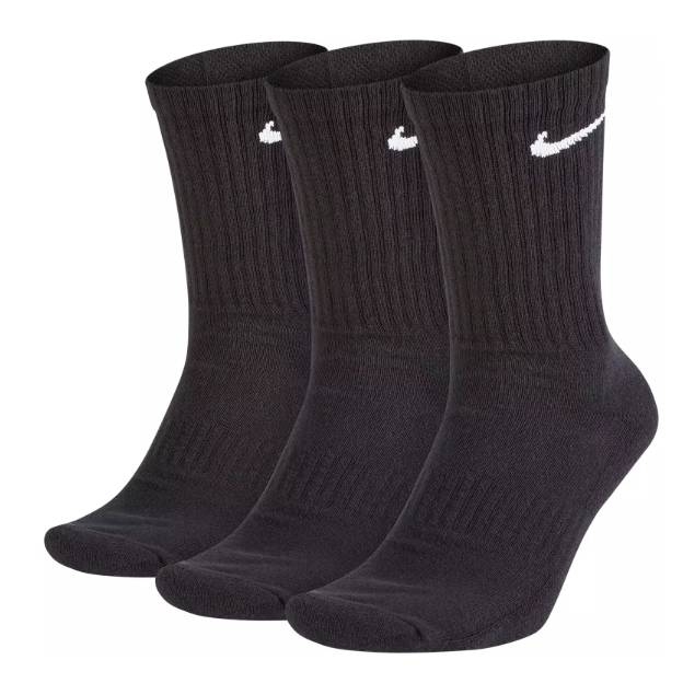 Three pairs of black Nike crew training socks with a white swoosh logo near the top.