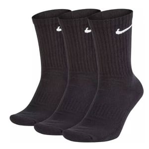 Three pairs of black Nike crew training socks with a white swoosh logo near the top.