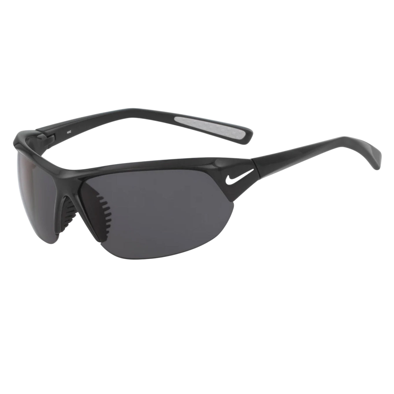 Black Nike sports sunglasses with a sleek design, featuring dark tinted lenses and the Nike logo on the temples.
