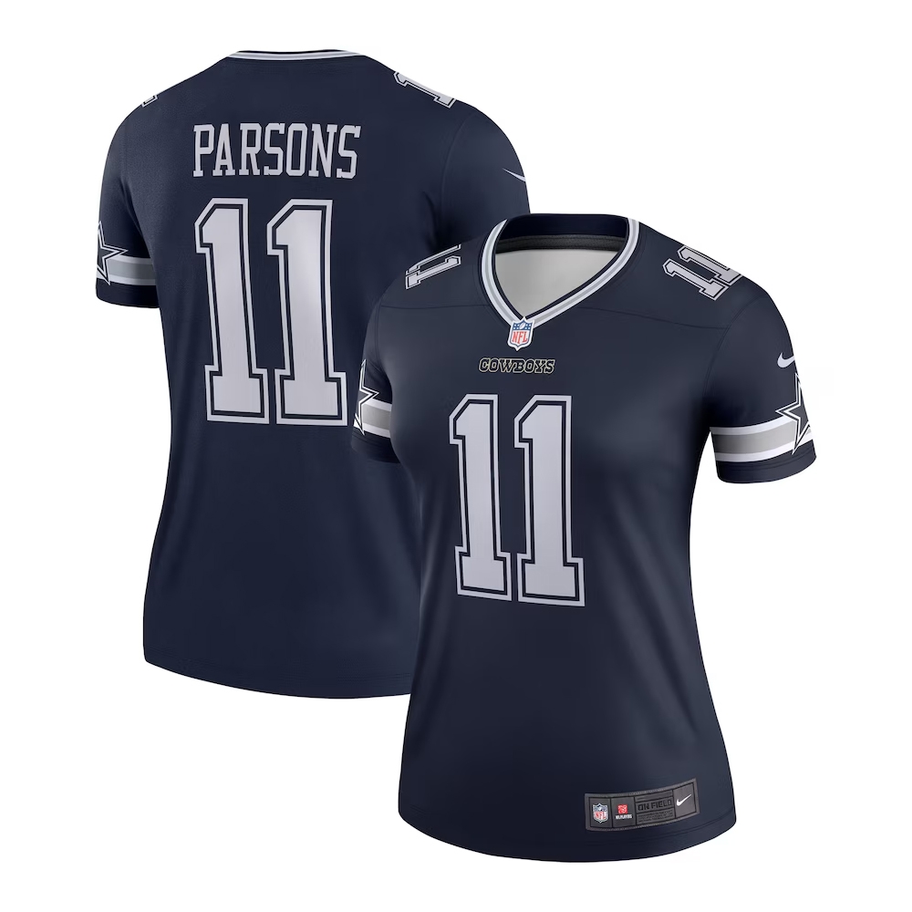 Dallas Cowboys navy football jersey with \“PARSONS\“ and number 11 on the front and back, featuring team and NFL logos.