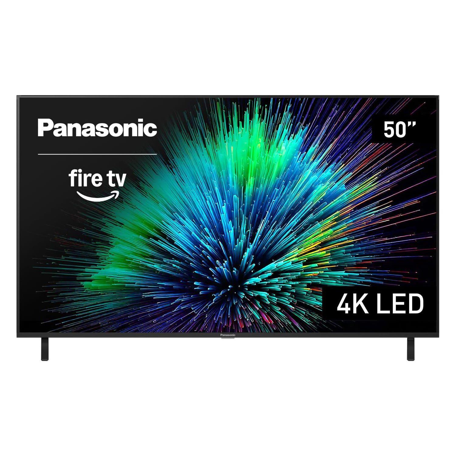 Panasonic 50\“ 4K LED TV featuring Fire TV integration, displaying a vibrant, colorful pattern.