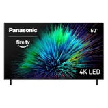 Panasonic 50\“ 4K LED TV featuring Fire TV integration, displaying a vibrant, colorful pattern.