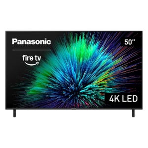 Panasonic 50\“ 4K LED TV featuring Fire TV integration, displaying a vibrant, colorful pattern.