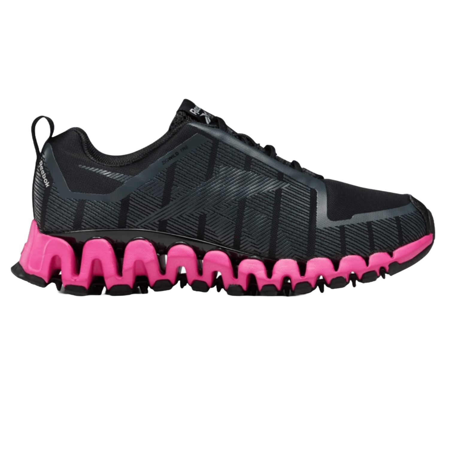 Reebok Women's ZigWild Trail 6 Shoes feature a black mesh upper with geometric patterns and a distinctive pink zigzag sole for cushioning and traction. Suitable for trail running.