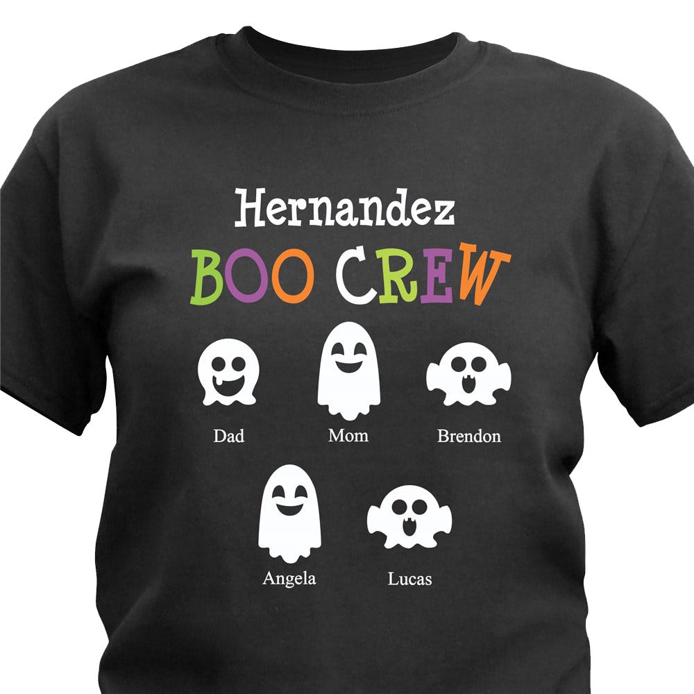 Black t-shirt with \“Hernandez Boo Crew\“ design, featuring colorful text and five cartoon ghost icons labeled: Dad, Mom, Brendon, Angela, and Lucas.