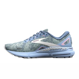 A blue and gray Brooks running shoe featuring a textured upper, pink accents, and supportive GuideRails technology in the sole for stability.