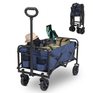 Folding utility wagon with a telescopic handle and four wheels, shown both in use carrying items and folded for storage.